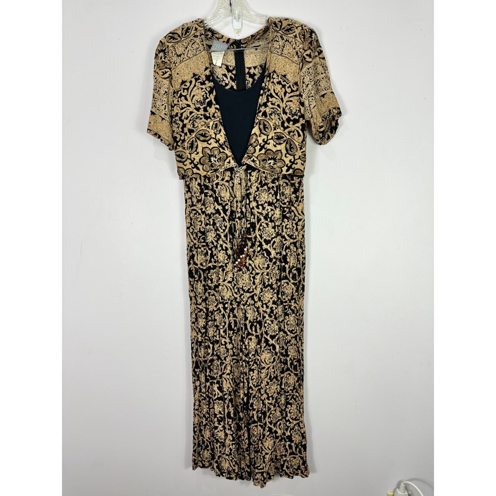 Vtg 90s Rabbit Rabbit Jumpsuit 12P Black Gold Whimsigoth Boho Gothic Indie